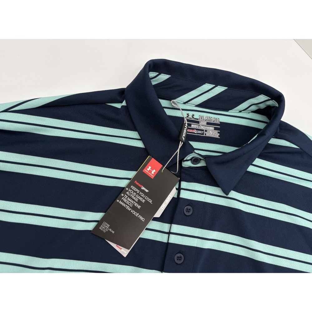 Under Armour Loose Golf Polo Men's 2XL HeatGear UPF Blue Striped Activewear NWT!
